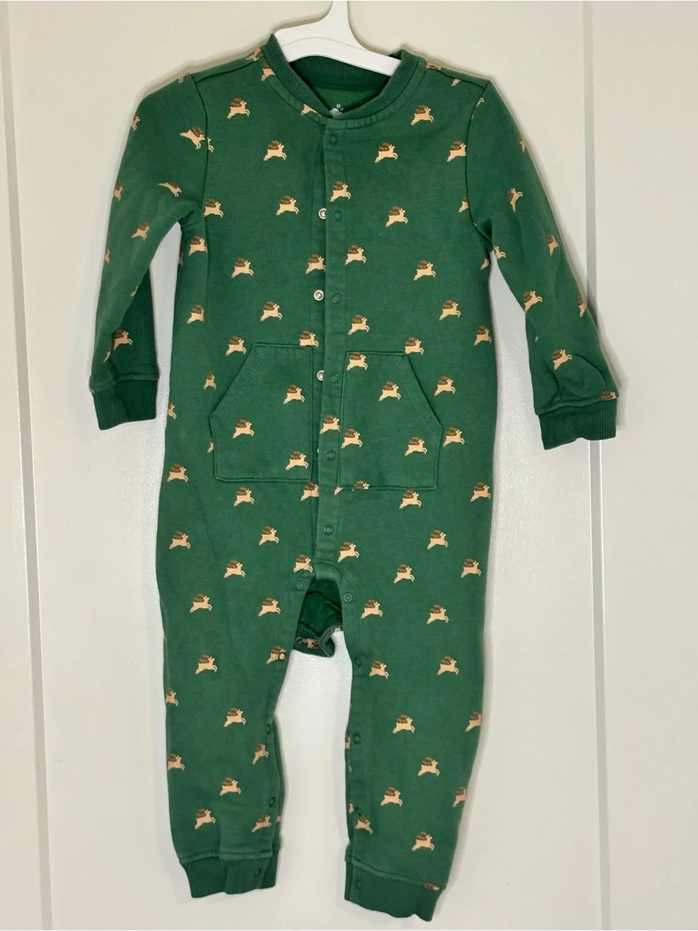 Kids One-Piece Green Reindeer Print Snap Fleece Sleepsuit Christmas Winter